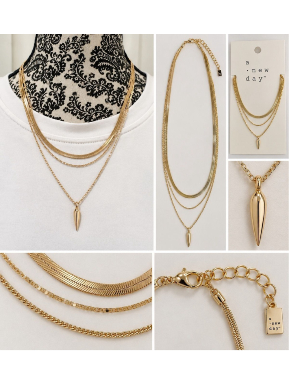 Herringbone Point Charm Multi-Strand Chain Necklace